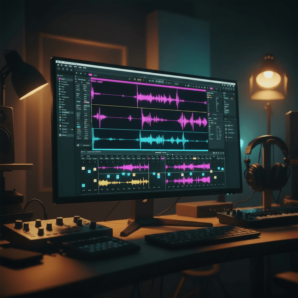 Audio waveforms in editing software on a studio monitor