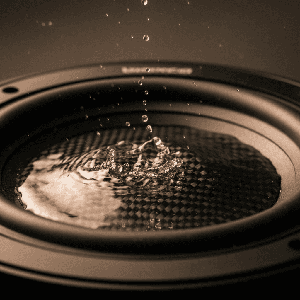 Water droplets splashing on a speaker cone