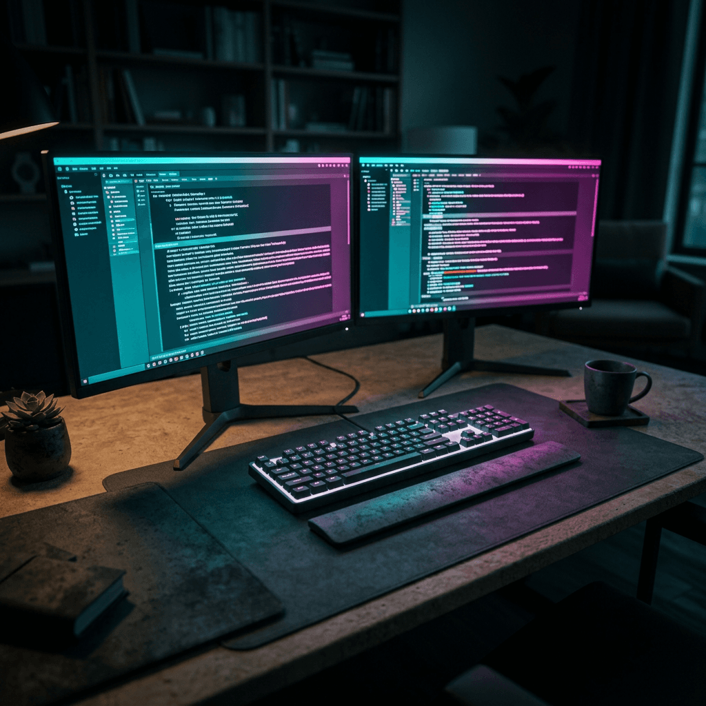 Two monitors showing a script on a desk at night