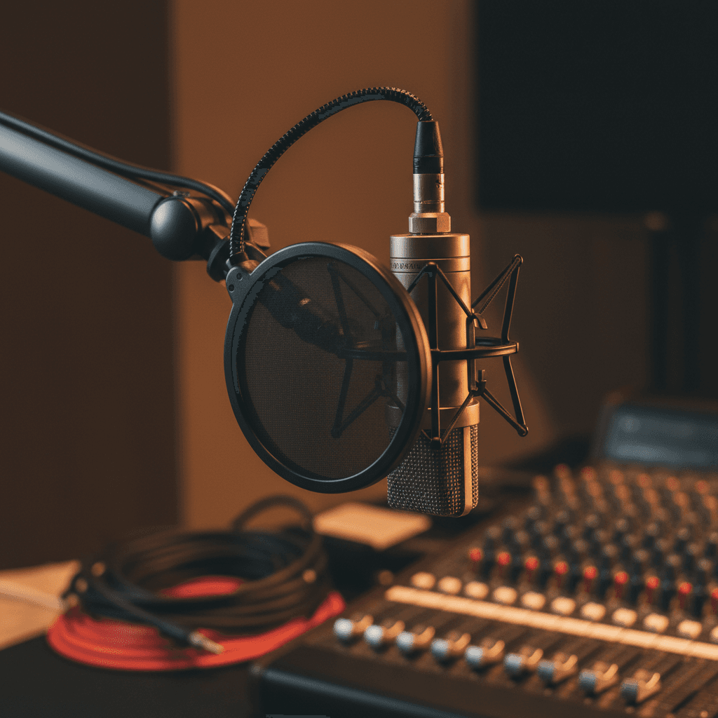 Studio microphone with a pop filter above a mixing desk